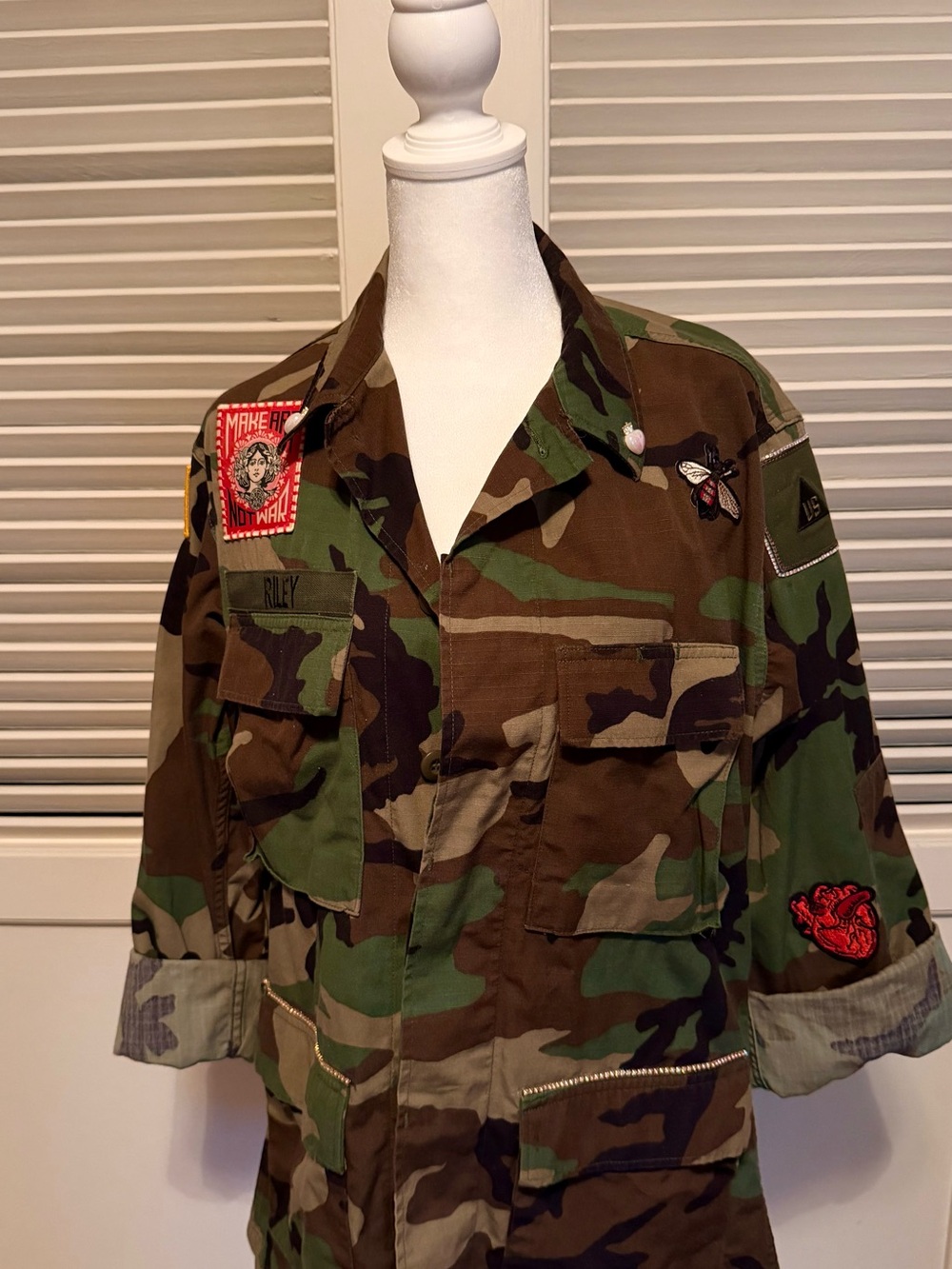 Women’s Vintage Camo Utility Jacket Upcycled with Rhinestones and Patches
